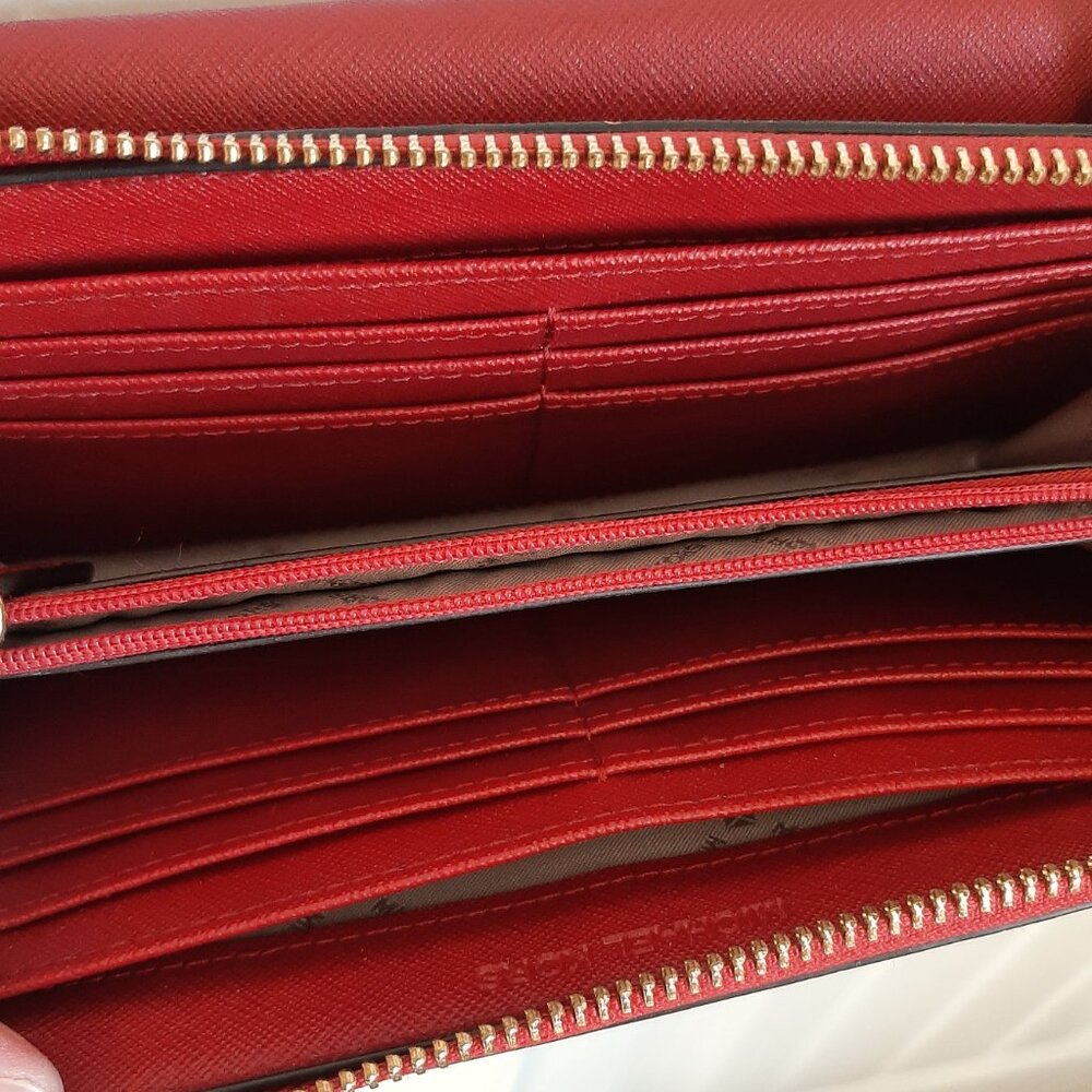 Michael Kors Bridgette Red & Tan MK Logo Print Wallet on Crossbody Strap - Picture 9 of 14